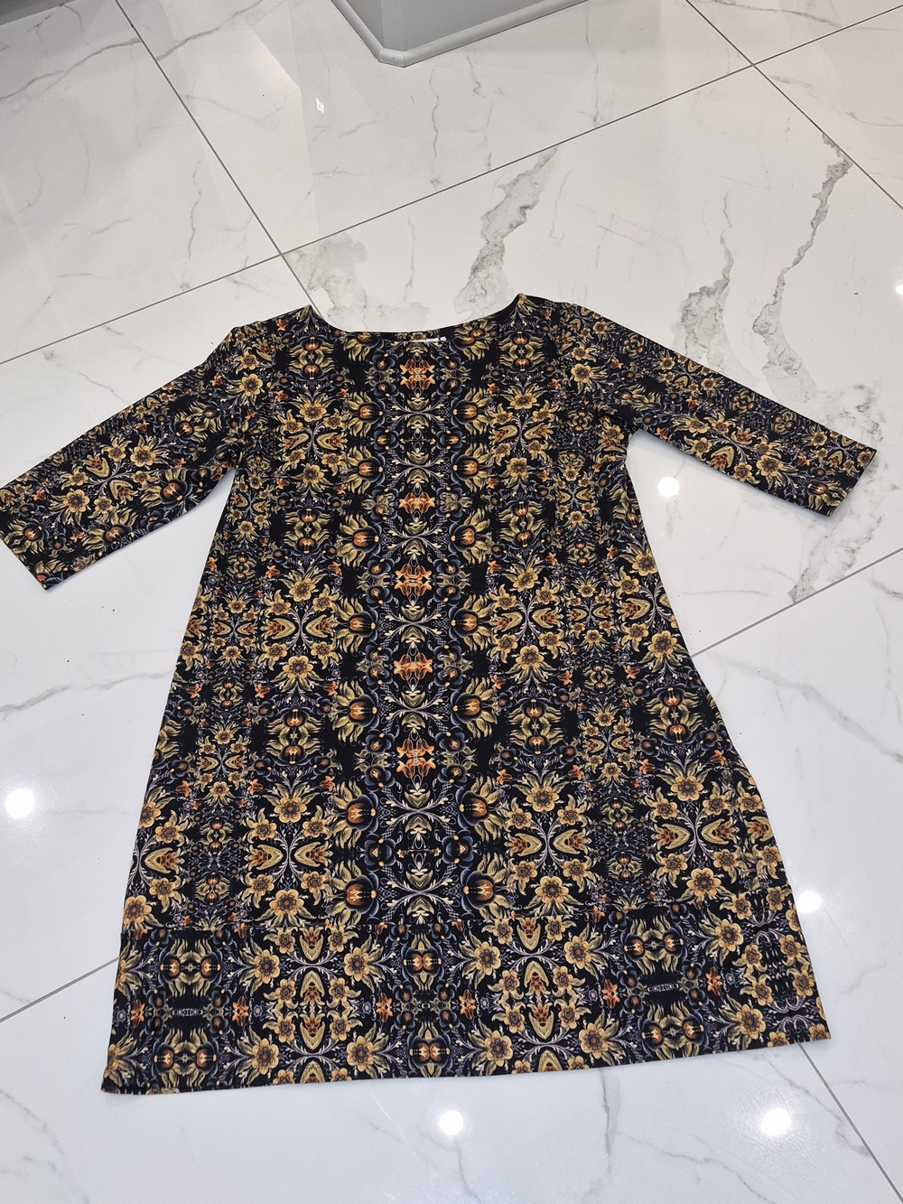 London Times Black Floral-Print Shift Dress with Gold Accents